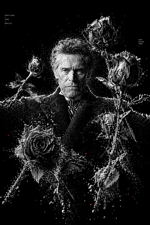 Transform the uploaded image into a high-contrast monochrome particle-render aes
