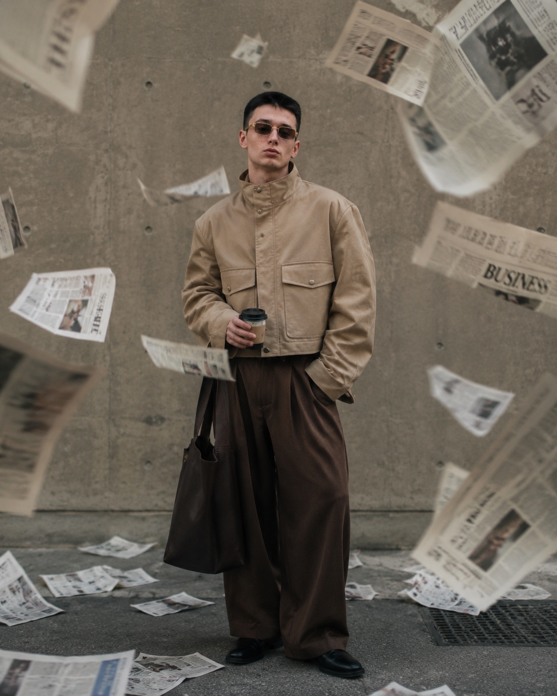 Ultra-realistic iPhone editorial photo of a stylish young man against a raw concrete wall. Wearing an oversized beige…