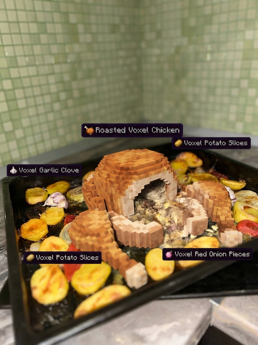 Transform ONLY the food and drinks in the original photo into authentic Minecraft-style voxel food while keeping…
