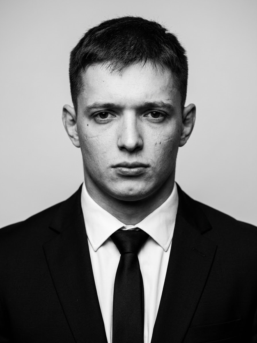 Ultra-realistic black and white studio portrait of the uploaded man, wearing a perfectly tailored black suit, white…