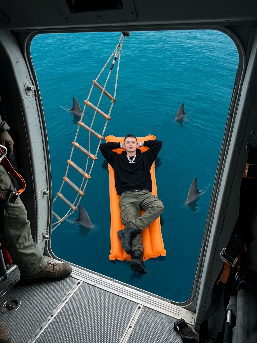 Raw documentary-style aerial photograph shot from inside the cockpit/open side door of a helicopter hovering above the…