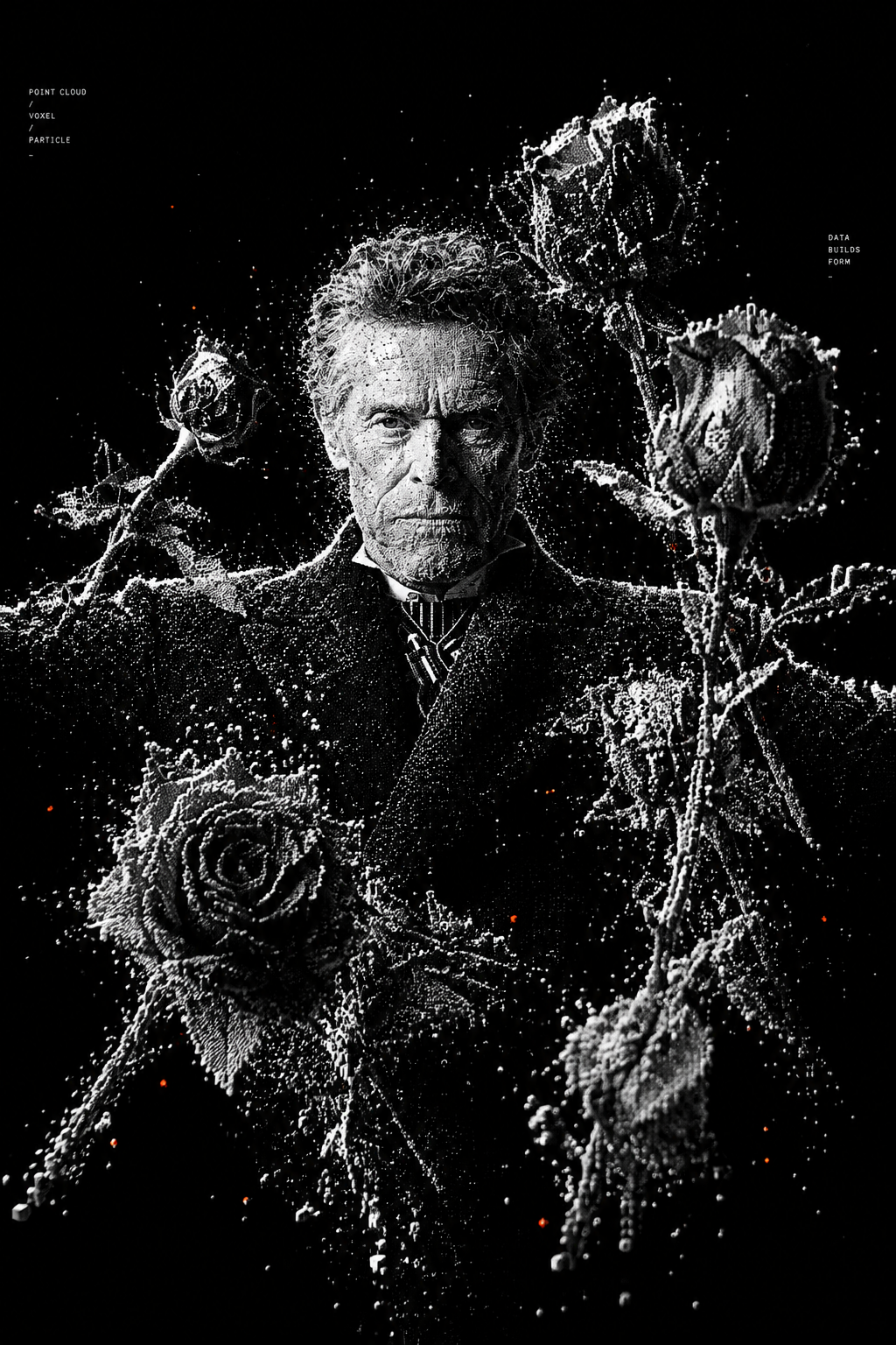 Transform the uploaded image into a high-contrast monochrome particle-render aesthetic. Subject reconstructed entirely…