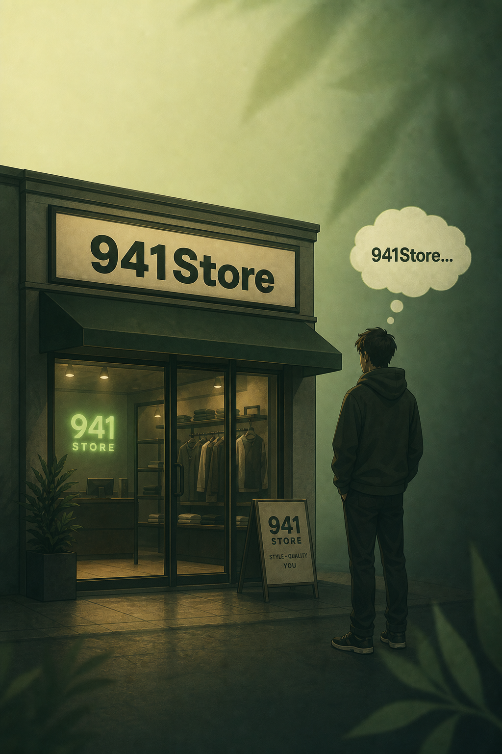 Нарисуй типа там магазин 941Store Рядом стоит человек в одежде и над головой у н
