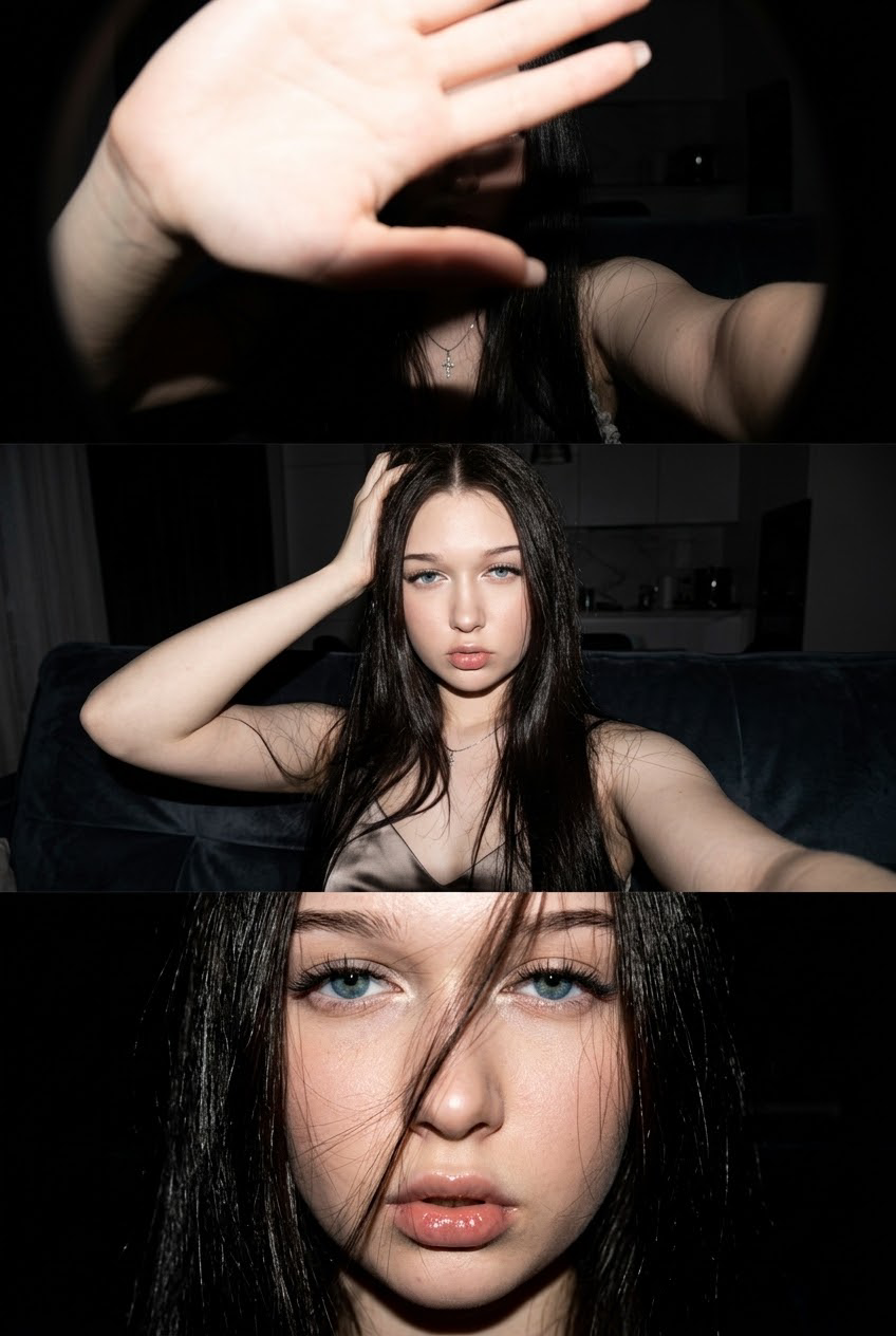 Use the uploaded reference woman as the exact subject. Create a vertical 3-frame collage of flash selfies at night.…
