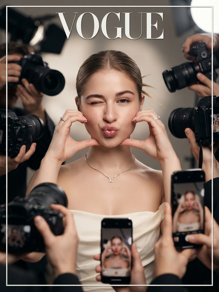 Use the uploaded face as the original face reference to create a realistic Vogue magazine cover-style fashion portrait…