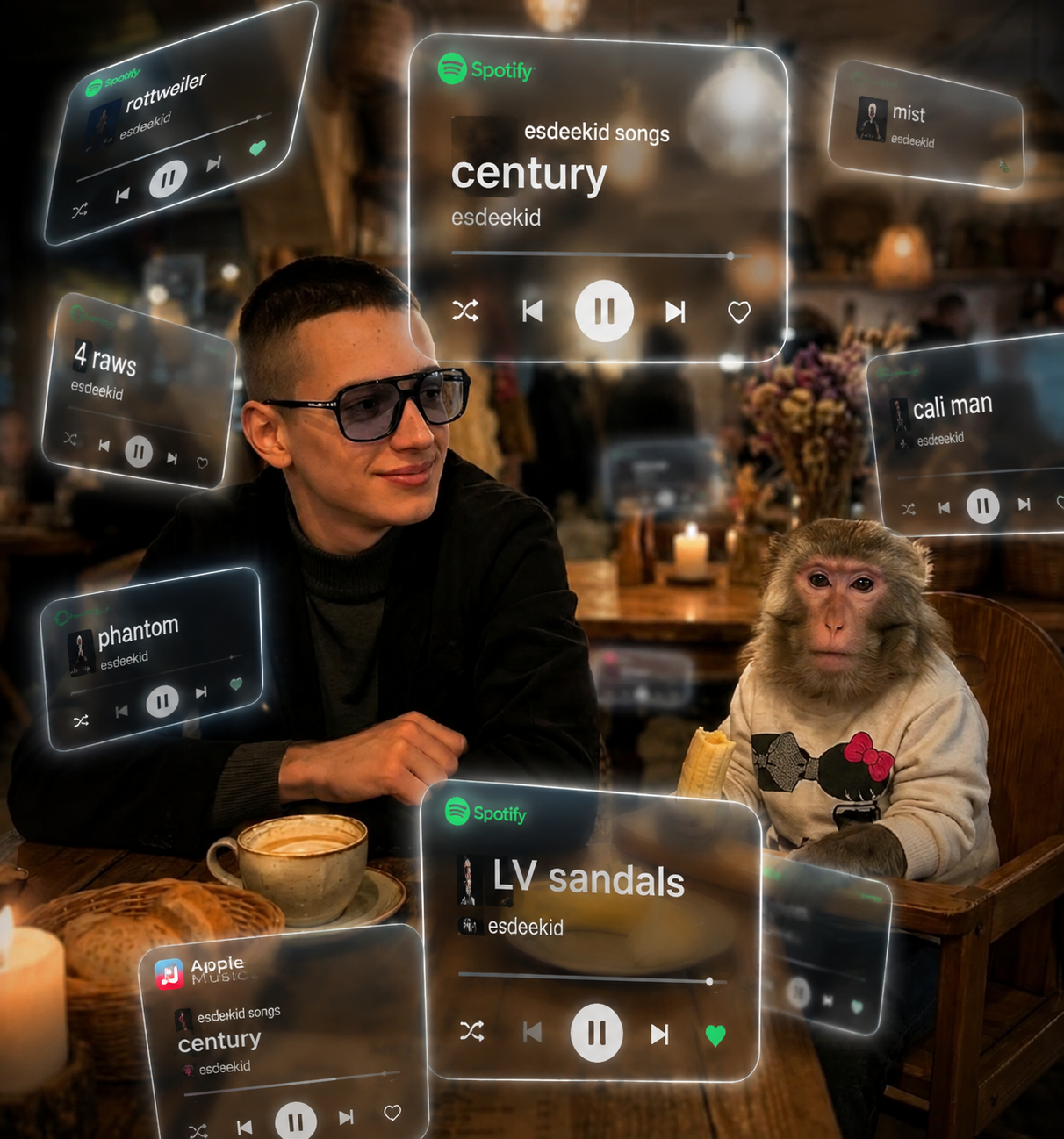 A cinematic, dreamlike AR visual featuring a central 151 photorealistic person surrounded by floating 3D Spotify/Apple…