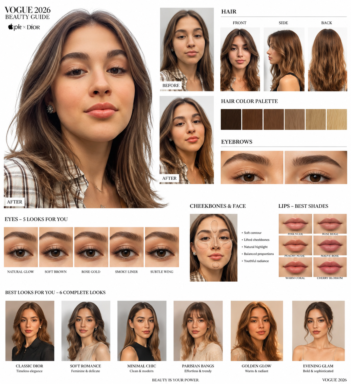 Ultra-realistic RAW 8K HDR Apple × Dior × Vogue 2026 beauty guide. Use the uploaded face as the ONLY identity…